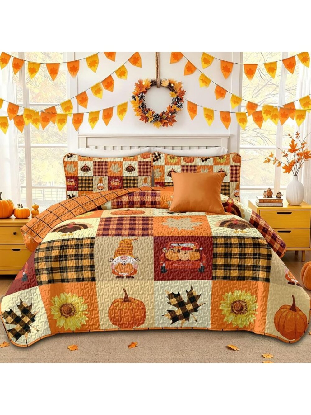 Cozy Fall Patchwork Quilt Set - Queen Size 3-Piece Thanksgiving Bedding in